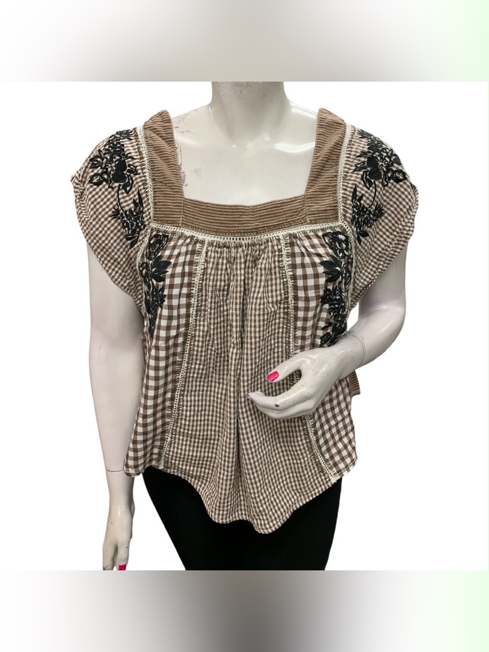 Aritzia Brown Gingham Embroidered Square-Neck Blouse Size L